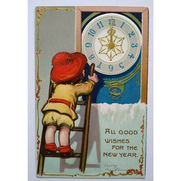 New Year Postcard Child Reaching For Clock Newfield NY Tuck Series 145 Vintage - Picture 2 of 4